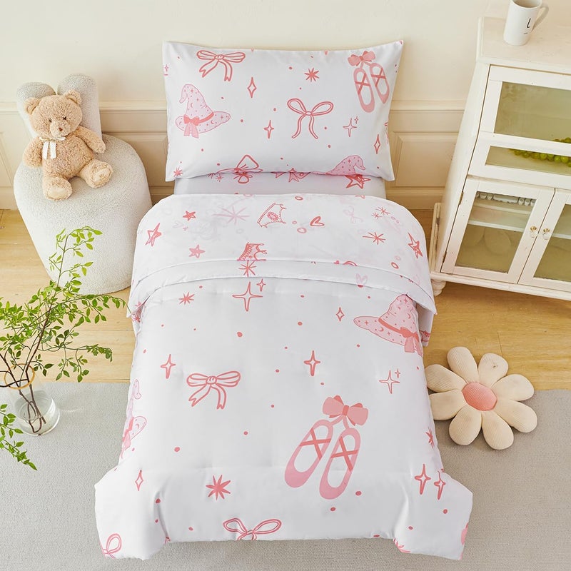PERFEMET 4 Pieces Bow Comforter for Toddler Girls Reversible Bowknot Pink Toddler Bedding Set Ultra Soft Lightweight Princess Crib Bed Set with Sheets - Image 3